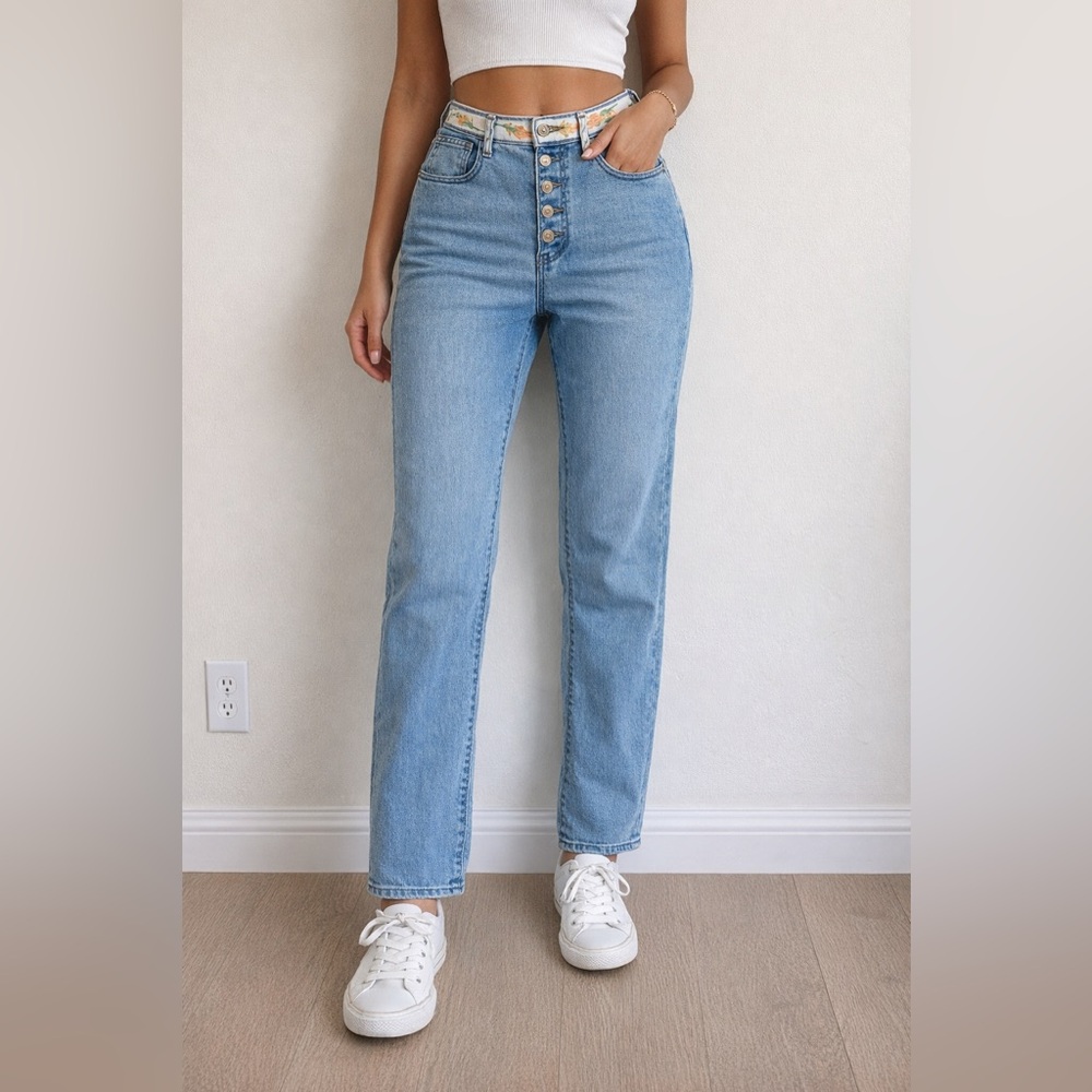 Tory Burch High Waisted Stretch Jeans Embroidered Floral Side Stripe Sz 30